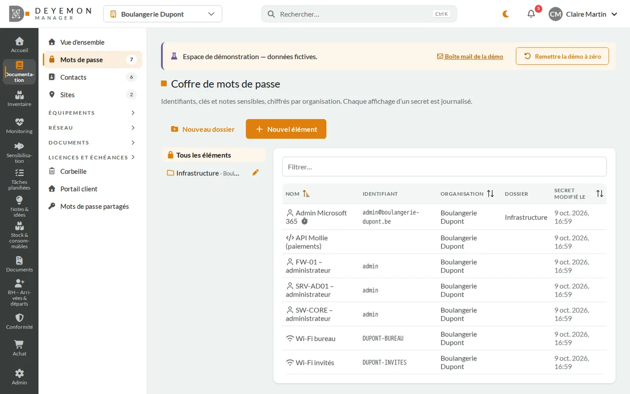 The Deyemon Manager vault showing encrypted secrets organised into folders.